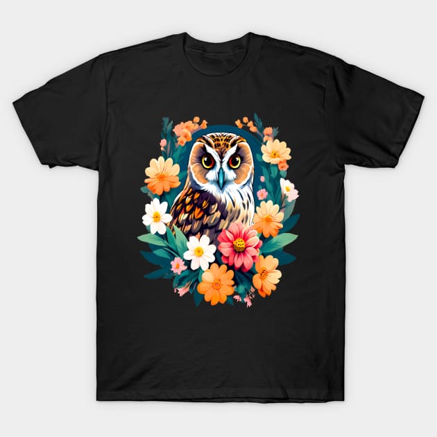 A Cute Short Eared Owl Surrounded by Bold Vibrant Spring Flowers T-Shirt by BirdsnStuff